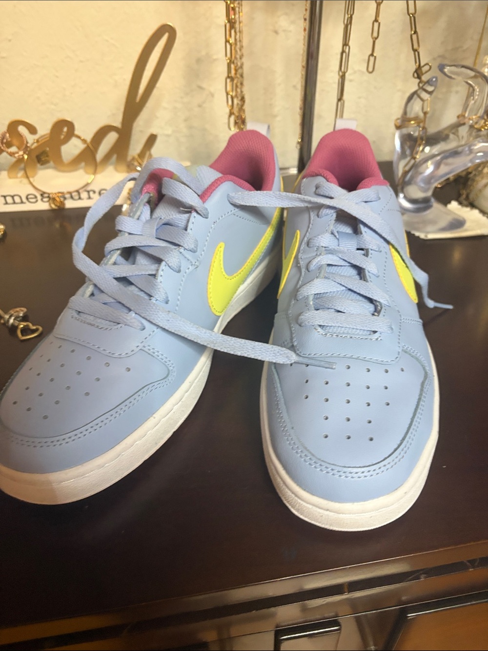 Nike Kids Light Blue Sneakers with Yellow Swoosh and Pink Lining